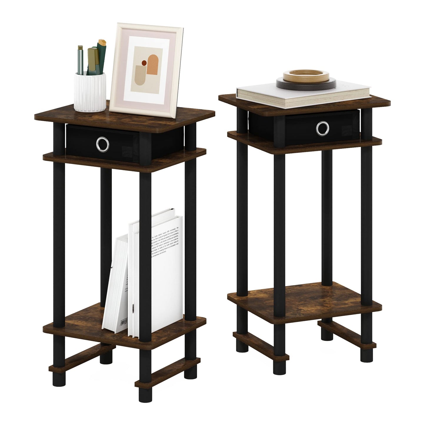 Furinno Tall End Table with Drawer, 2-Pack