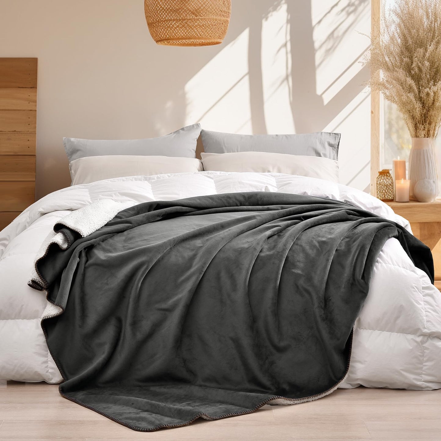 PHF Sherpa Fleece Blanket King Size, 480GSM Thick and Warm Reversible Blanket for Winter, No Shedding, No Pilling, Ultra Soft Fuzzy Blanket for Bed Sofa Couch, 108"x90", Dark Grey