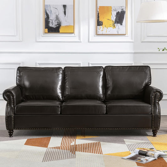 Dreamsir 79'' Traditional Faux Leather Sofa Couch with Nailhead Trim, Classic 3-Seater Couch with Rolled Arms for Living Room, Bedroom, Apartment, Easy Assembly (Charcoal)