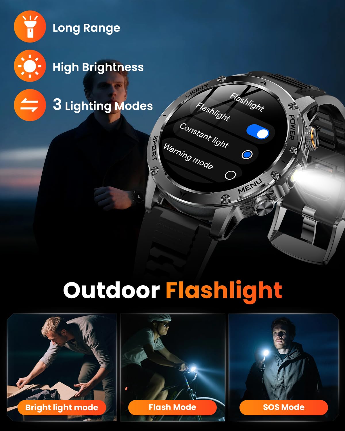 Military Smart Watches for Men, 1.7″ Smart Watch with 1000 mAh Battery, Led Flashlight, Answer/Make Calls, IP68 Waterproof, Heart Rate/Sleep Monitor 100+ Sport Modes Fitness Watch for Android/iPhone