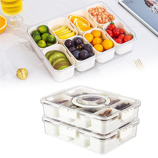 2Pack Divided Serving Tray with Lid and Handle, Snackle Box Container Snack Tray with Lid Candy Organizer Veggie Fruit Storage Containers for Fridge and Party Entertaining Picnic (8 Compartments)