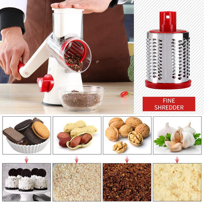 Cambom Rotary Cheese Grater Hand Crank Cheese Shredder for Fresh Cheese, Vegetable, Nuts,Non-slip Suction Base, Free Cleaning Brush Three Blades,Red White