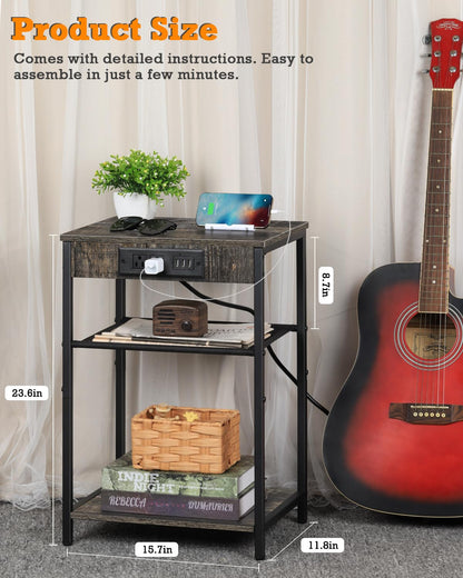 MOOACE End Tables Set of 2 with Charging Station and USB Ports, Bedside Storage Organizer, Nightstand, Small Cabinet, Closet for Bedroom, Living Room, Office and College Dorms, Gray