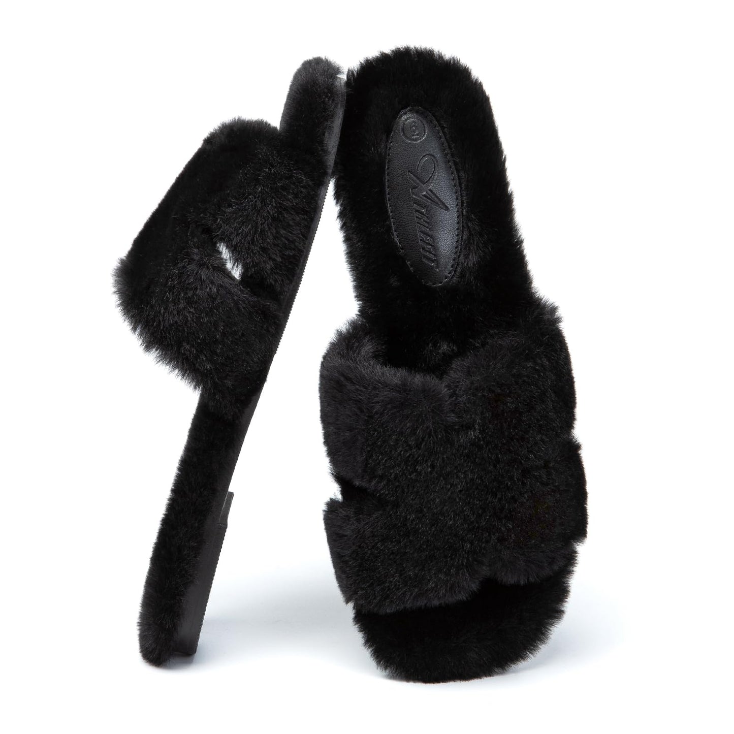 Athlefit Women's Fuzzy Slippers Cute Comfy Fluffy Open Toe Slip-on House Slide Slippers for Indoor Bedroom Bridesmaid, Black, Size 8.5, AD01354