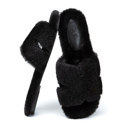 Athlefit Women's Fuzzy Slippers Cute Comfy Fluffy Open Toe Slip-on House Slide Slippers for Indoor Bedroom Bridesmaid, Black, Size 8.5, AD01354