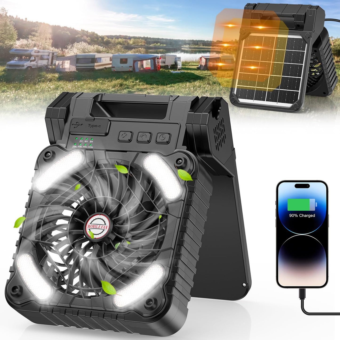 Solar Powered Camping Fan with LED Lantern