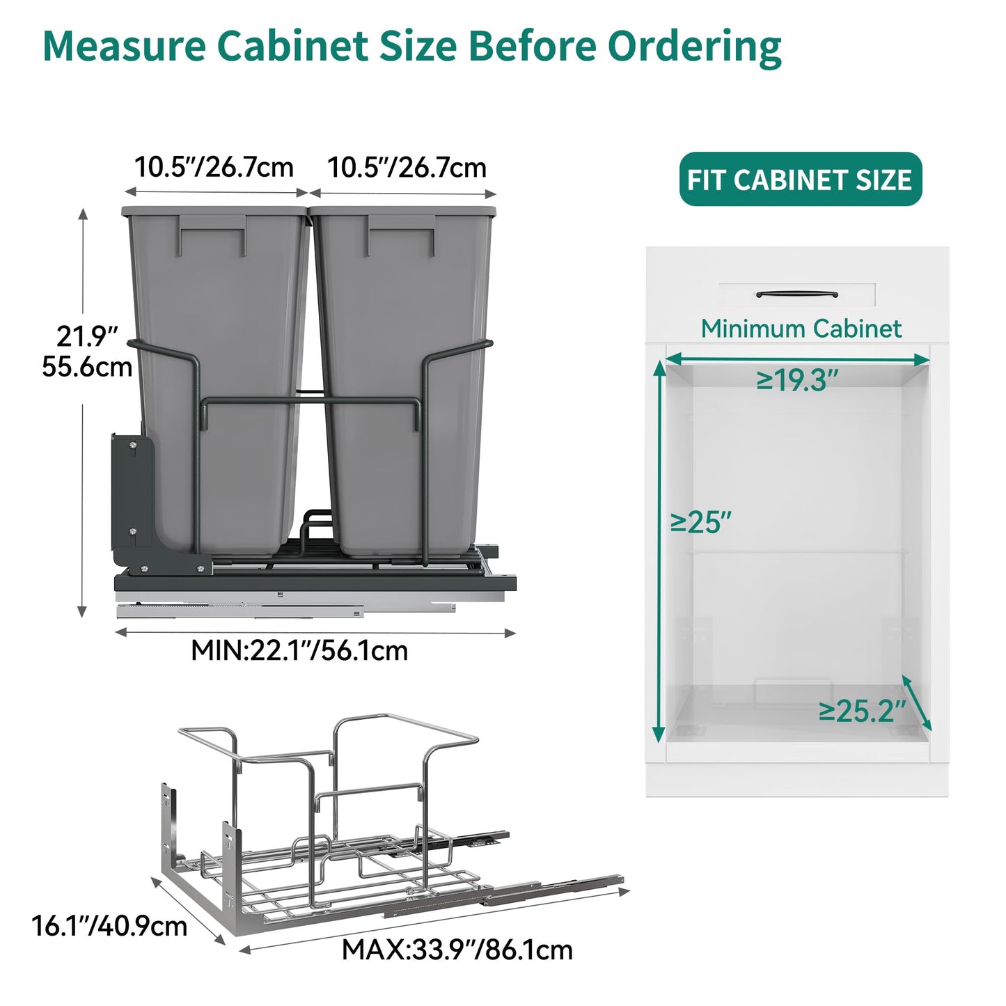YITAHOME Double 37 Quart Pull-Out Trash Can Recycling Bin with Soft-Close Slides Minimum Cabinets, Sliding Under Mount Kitchen Waste Garbage Container for 19.3" W x 25.2" D x 25" H, Dull Gray