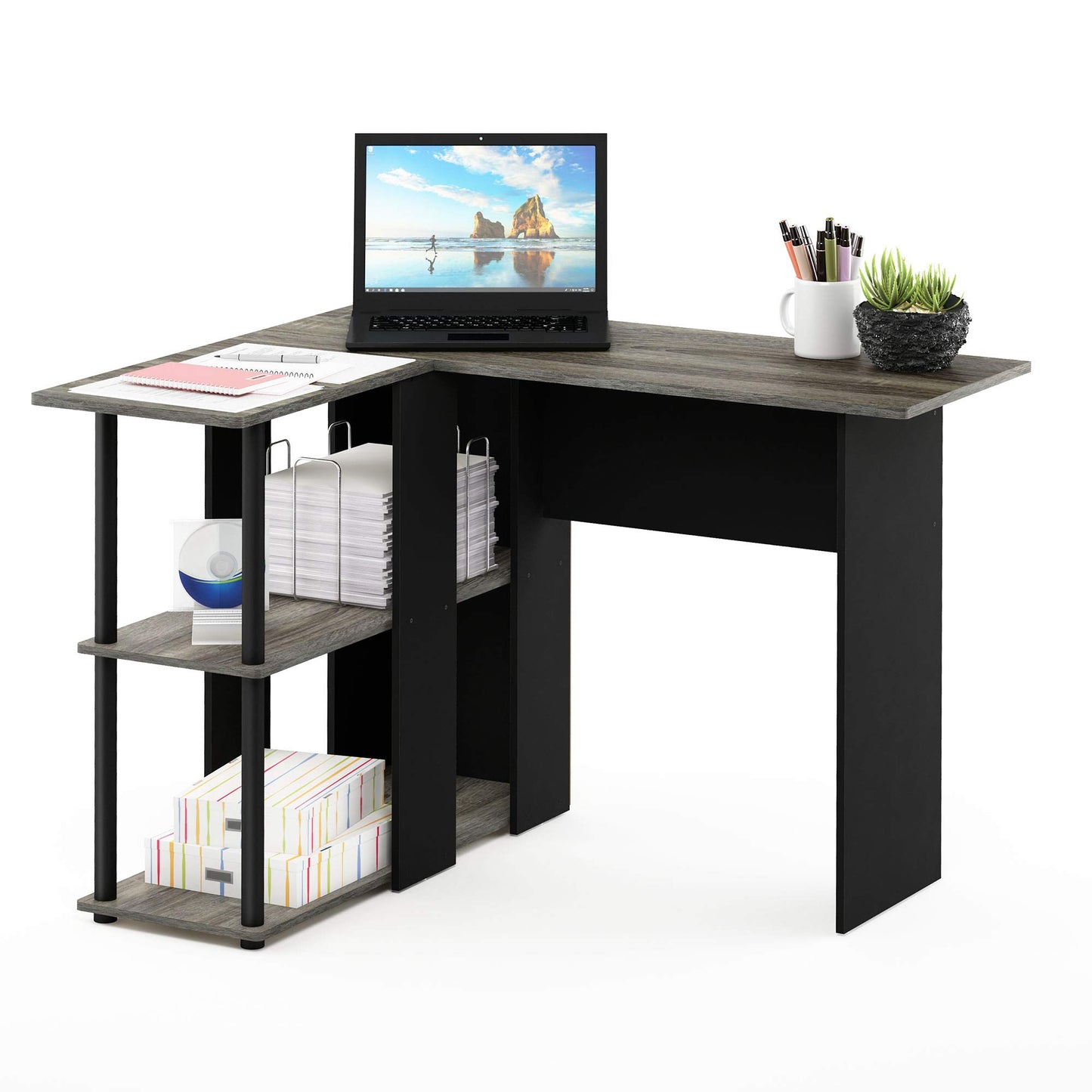 Furinno L-Shape Computer Desk with Bookshelf