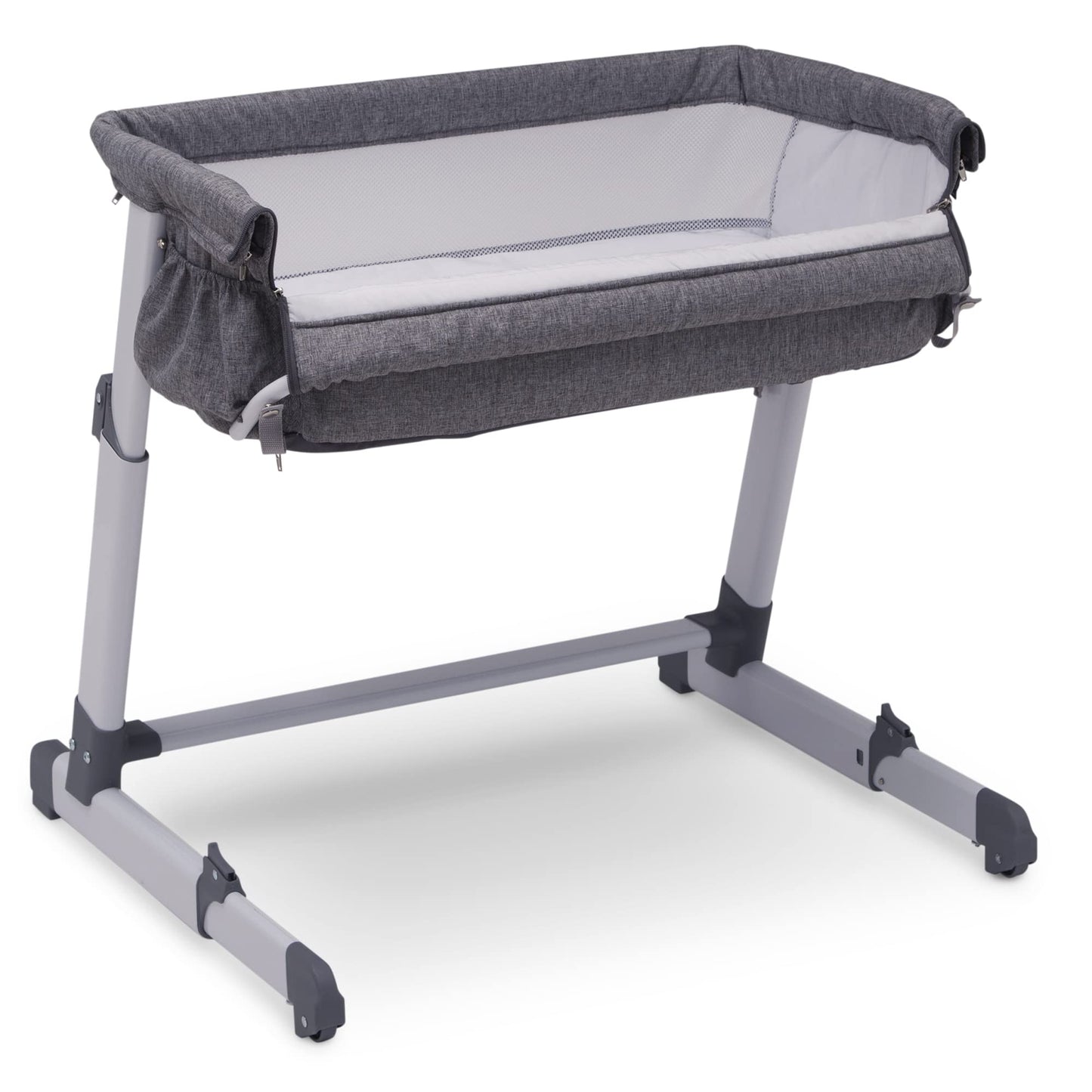 Delta Children Simmons Kids Dream Bedside Bassinet with Zip-Down Side Wall – Convenient Baby Sleeper with Breathable Mesh and Adjustable Heights - Lightweight Portable Crib, Grey