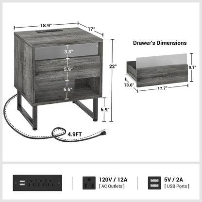 LED Nightstands Set of 2 with Charging Station, Night Stand Set 2 with Charger Station, Bed Side Tables Bedrooms Set of 2, Modern Night Stand Bedside Table Set of 2 with a Big Capacity Drawer, Gray