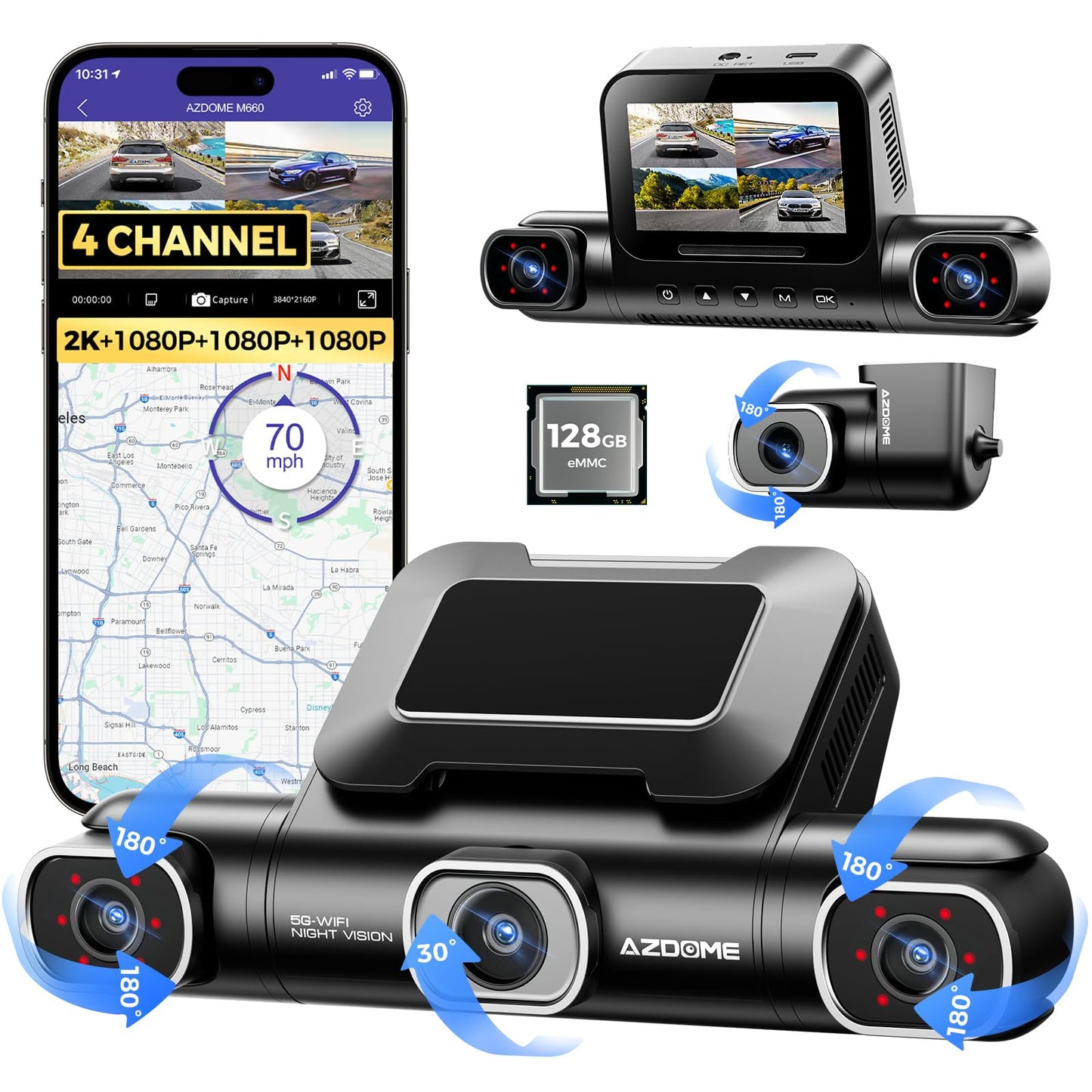AZDOME 360° 4-Channel Dash Cam with Night Vision