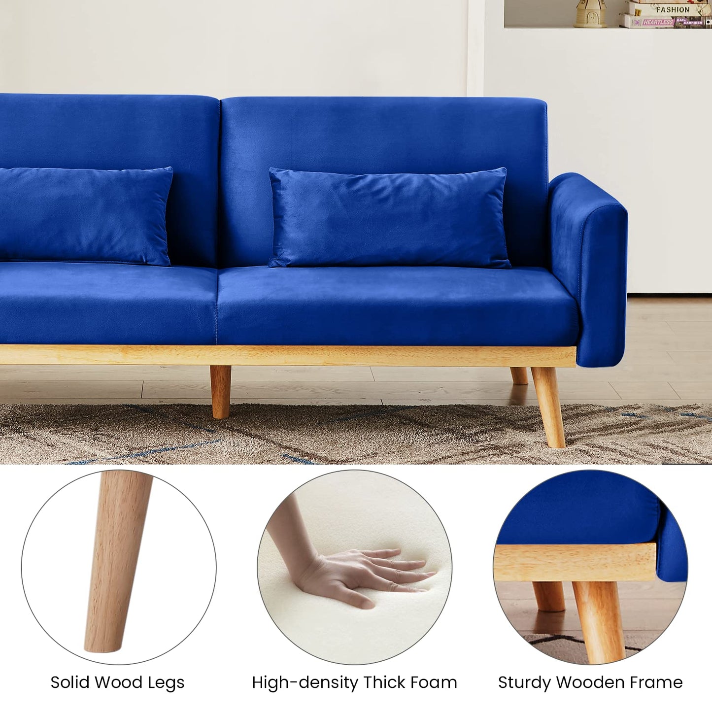 DKLGG Blue Futon Sofa Bed, Velvet Convertible Sofa Couch Sleeper with Wood Legs & 2 Pillows, Upholstered Loveseat for Small Spaces Living Room Bedroom Furniture, 3 Adjustable Positions, Easy Assembly