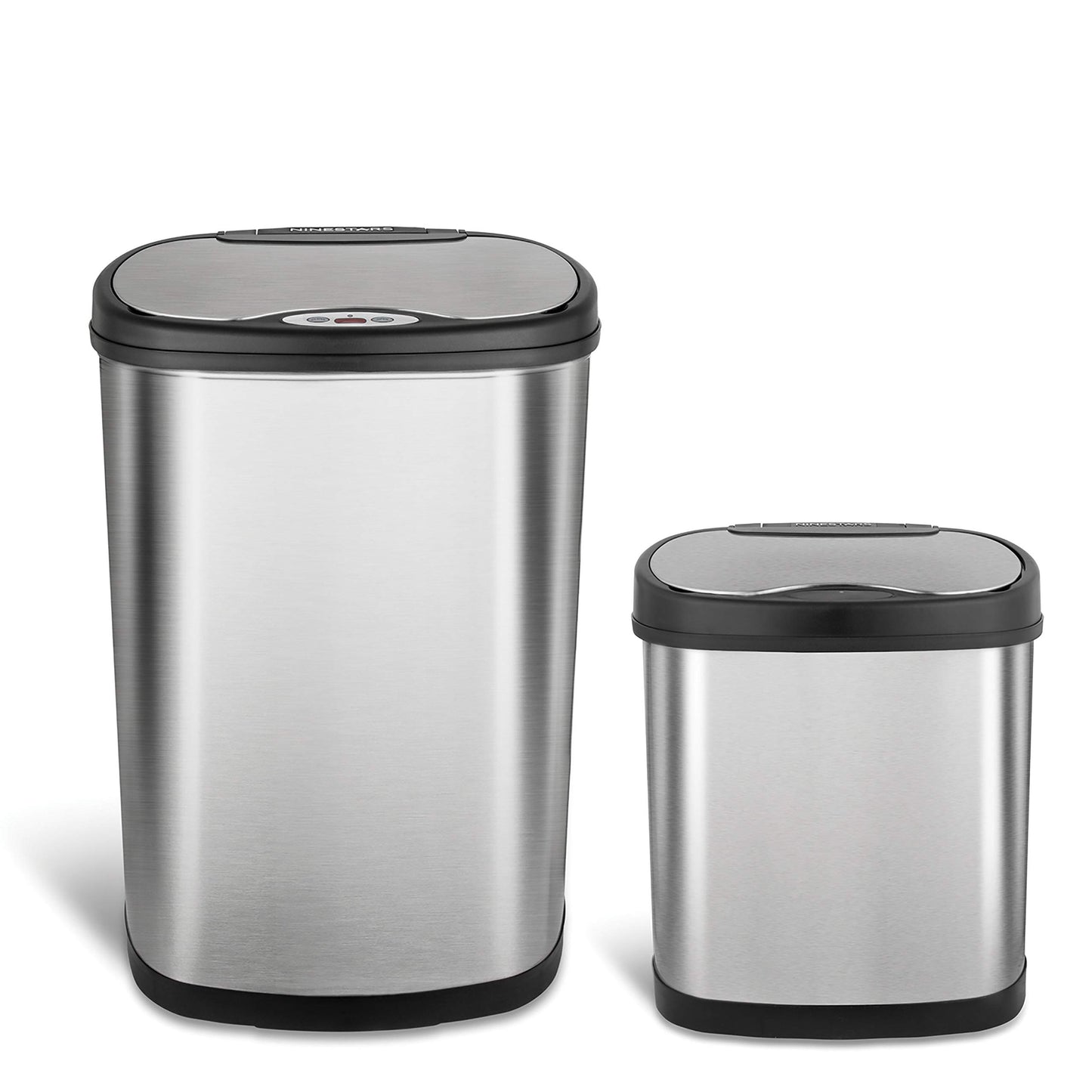 NINESTARS CB-DZT-50-13/12-13 Automatic Touchless Infrared Motion Sensor Trash Can Combo Set, 13 Gal 50L & 3 Gal 12L, Stainless Steel Base (Oval, Silver/Black Lid)