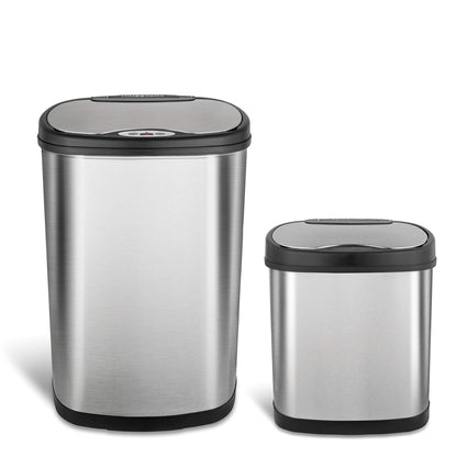 NINESTARS CB-DZT-50-13/12-13 Automatic Touchless Infrared Motion Sensor Trash Can Combo Set, 13 Gal 50L & 3 Gal 12L, Stainless Steel Base (Oval, Silver/Black Lid)