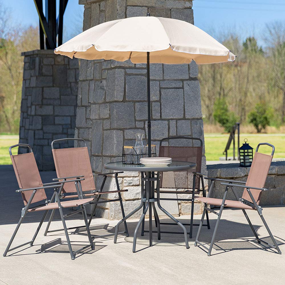 Flash Furniture Nantucket 6-Piece Patio Dining Set with Glass Table, 4 Folding Chairs, and Umbrella, Outdoor Patio Table, Chairs, and Umbrella Set, Black