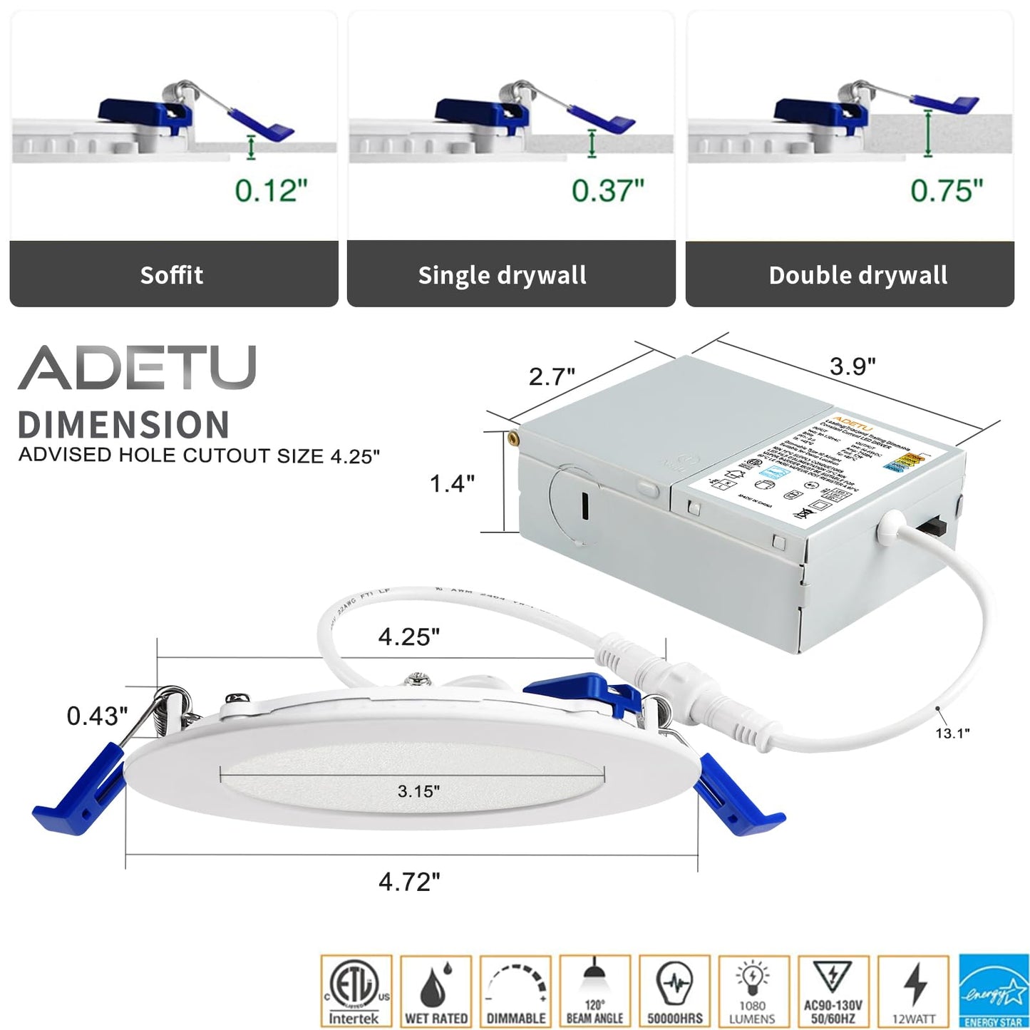 Adetu 12 Pack Dimmable LED Recessed Lights