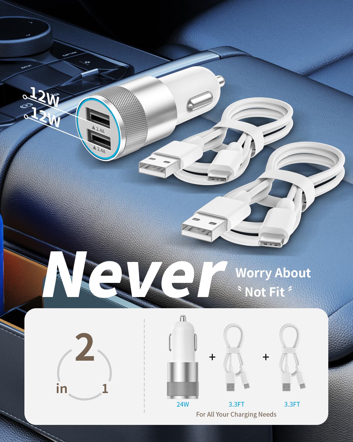 24W Dual USB Car Charger with 3FT Cables