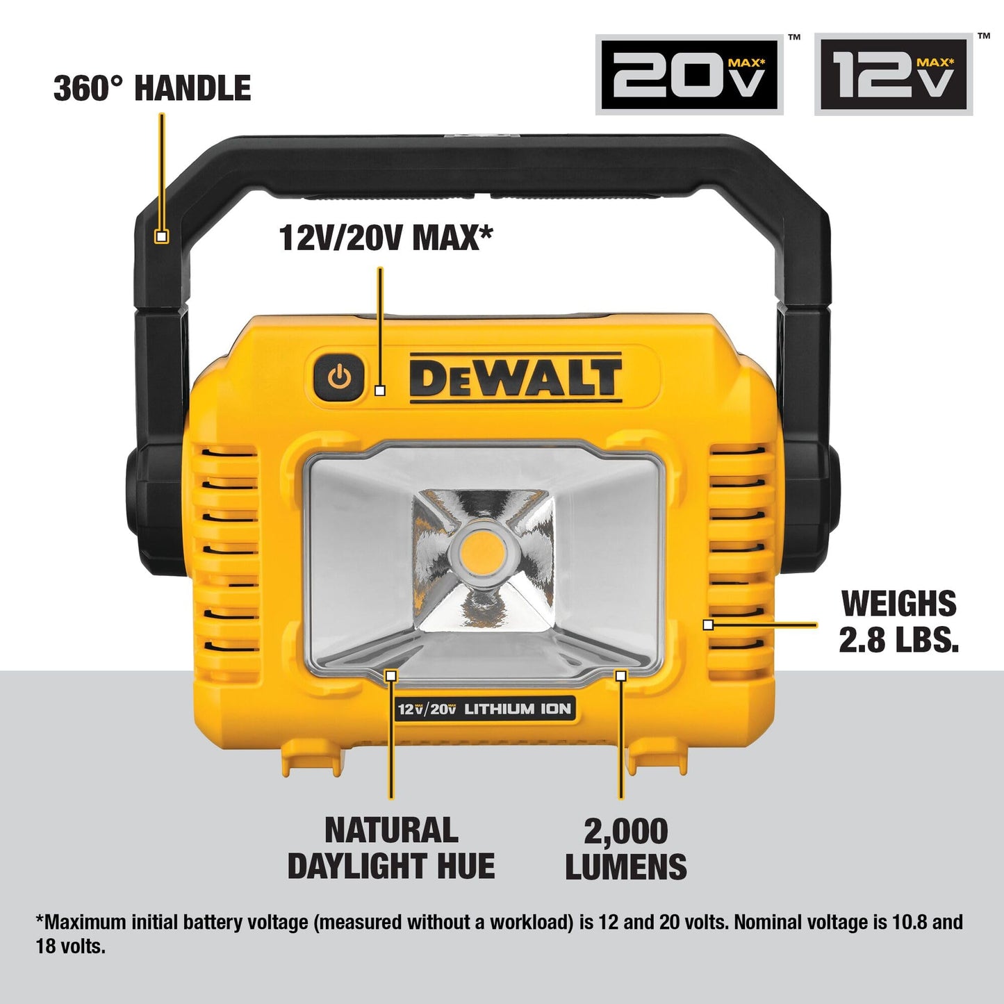 DEWALT 12V/20V MAX LED Work Light, Compact with 360 Degree Rotating Handle, 2000 Lumens of Brightness, Cordless, Bare Tool Only (DCL077B)