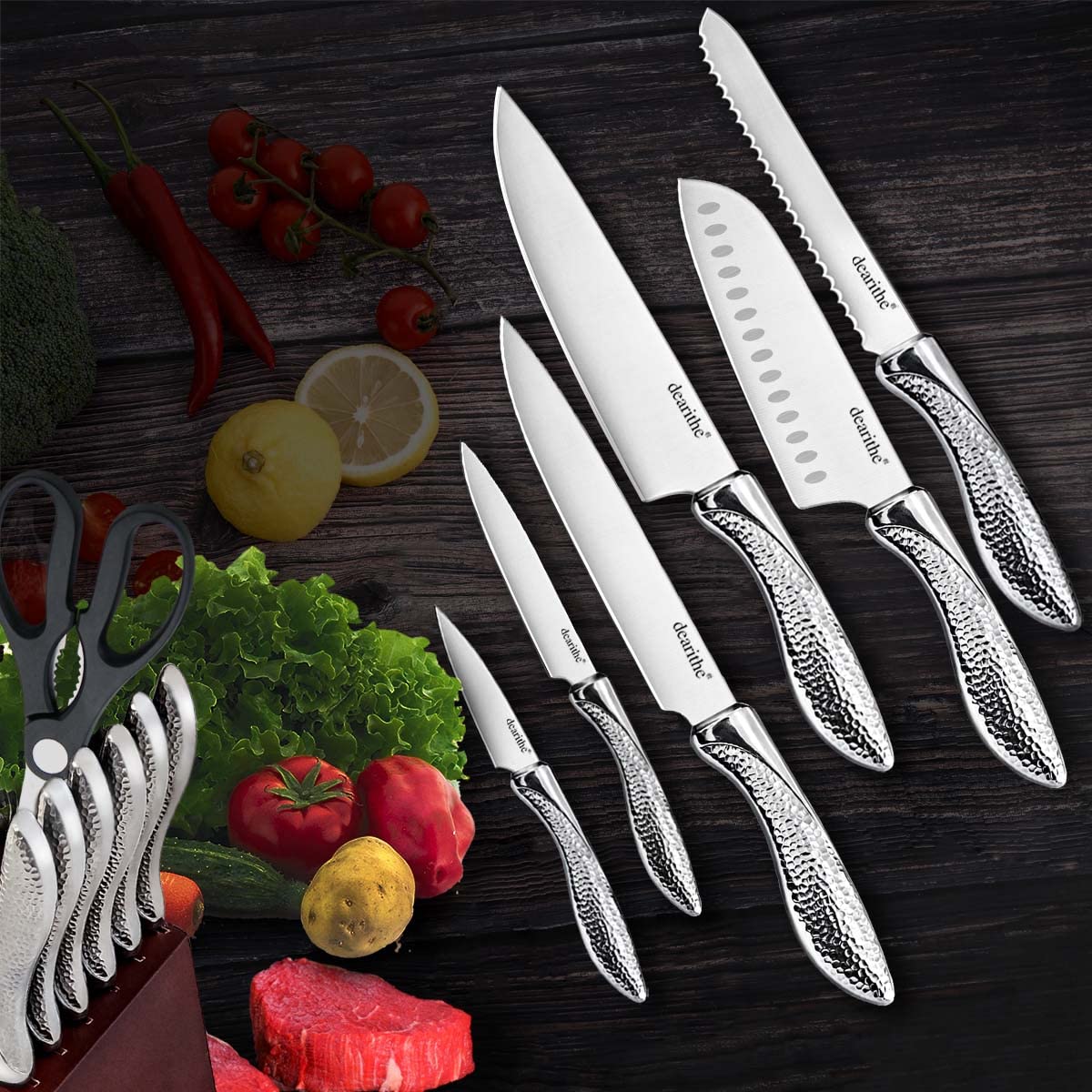 Kitchen Knife Set, dearithe 14 Piece High Carbon Stainless Steel Knife Block Set with Built-in Sharpener, Professional Chef Knife Set, Knife Sets for Kitchen with Block