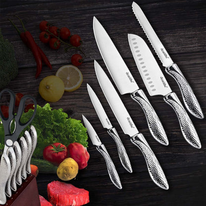 Kitchen Knife Set, dearithe 14 Piece High Carbon Stainless Steel Knife Block Set with Built-in Sharpener, Professional Chef Knife Set, Knife Sets for Kitchen with Block