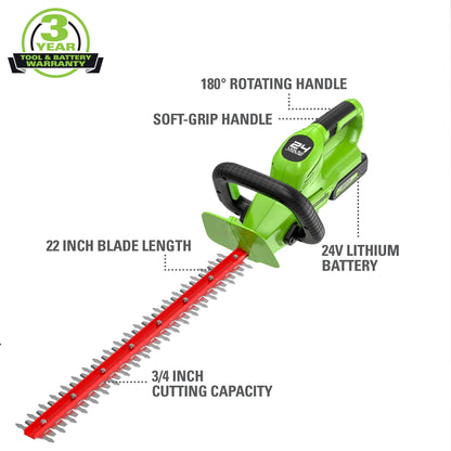 Greenworks 24V 22" Cordless Rotating Handle Hedge Trimmer, 1.5Ah USB Battery and Charger Included