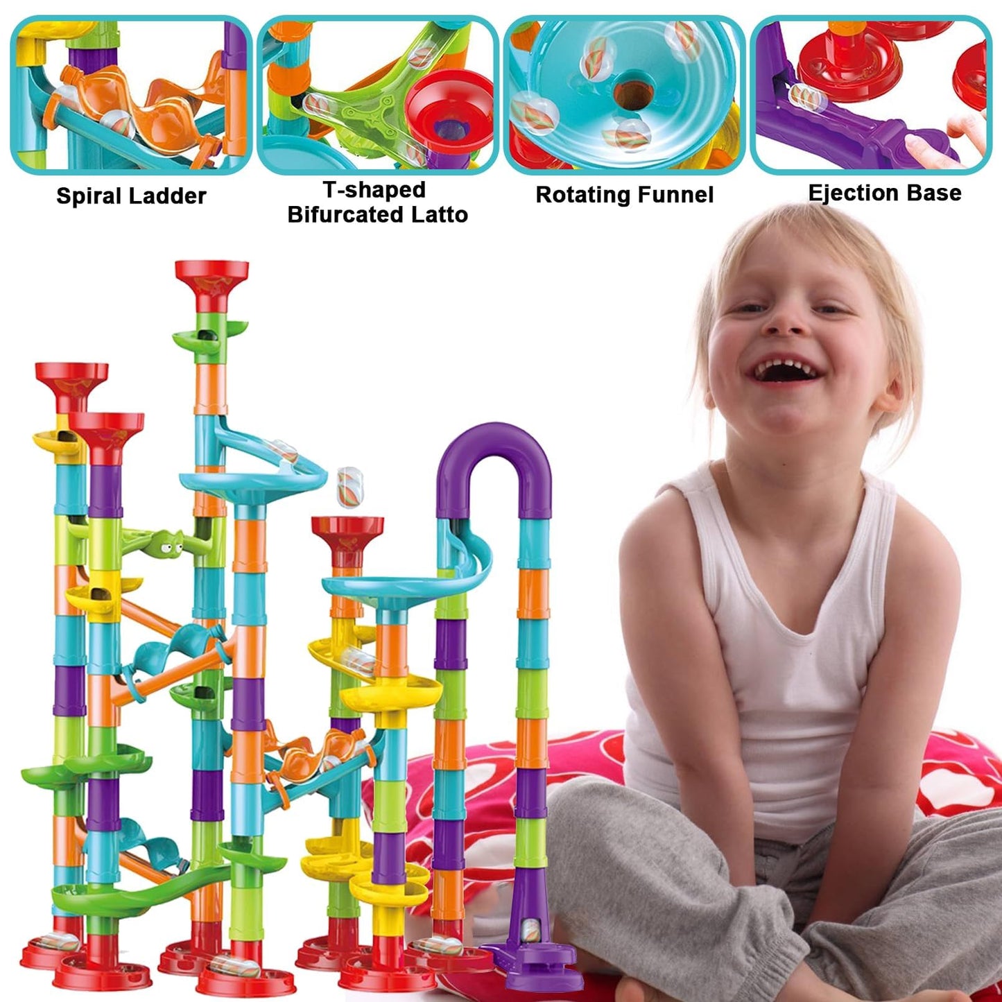 Marble Run Set, 142 Pcs Marble Race Track for Kids with Glass Marbles Upgrade Marble Works Set, Maze Game DIY Educational Playset Birthday Gift for Ages 3+