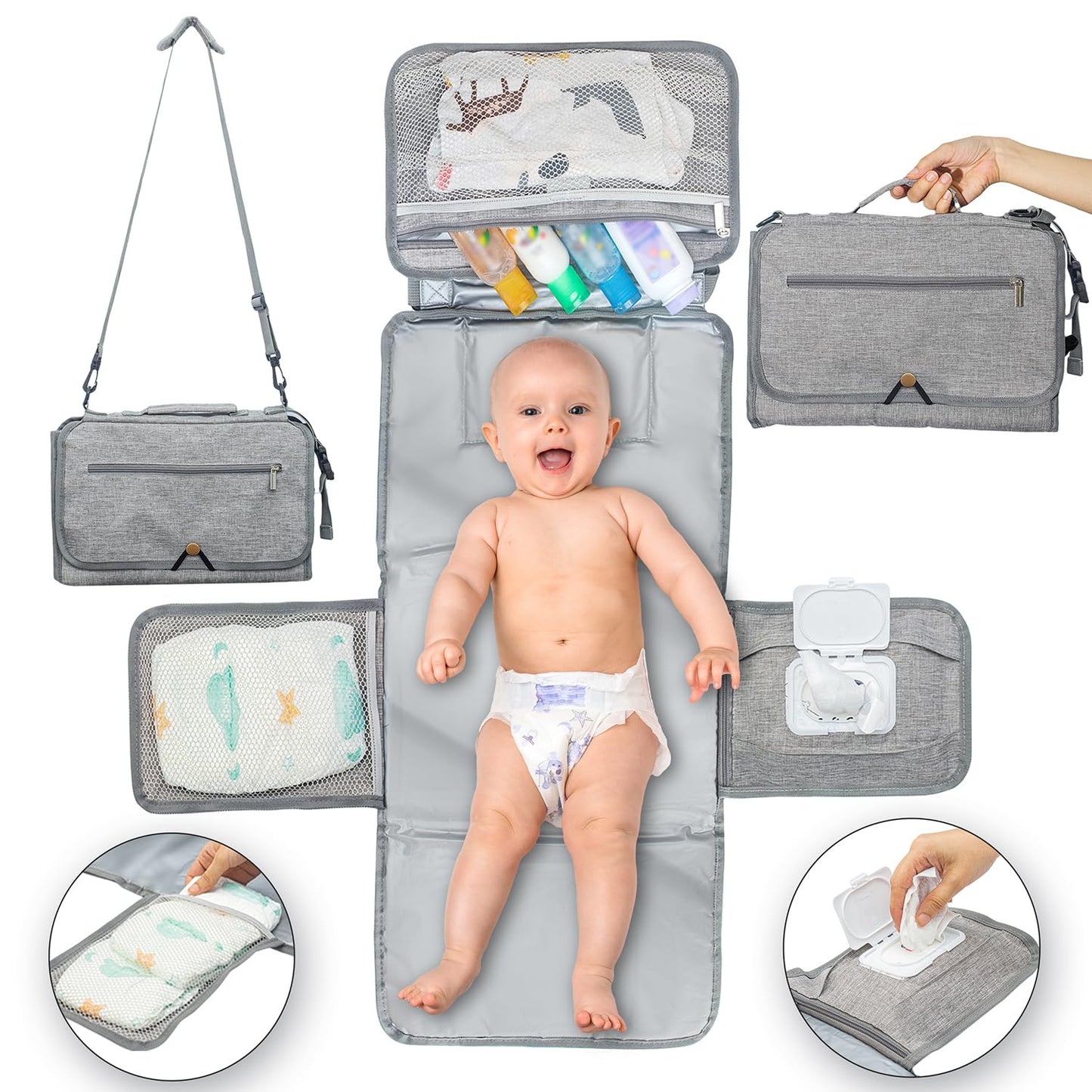 Large Portable Changing Pad for Baby with Shoulder Strap - Compact Diaper Bag Changing Pad with Wipes Pockets & Head Pillow, Baby Changing Mat Portable, Infant Waterproof Travel Changing Pad for Baby