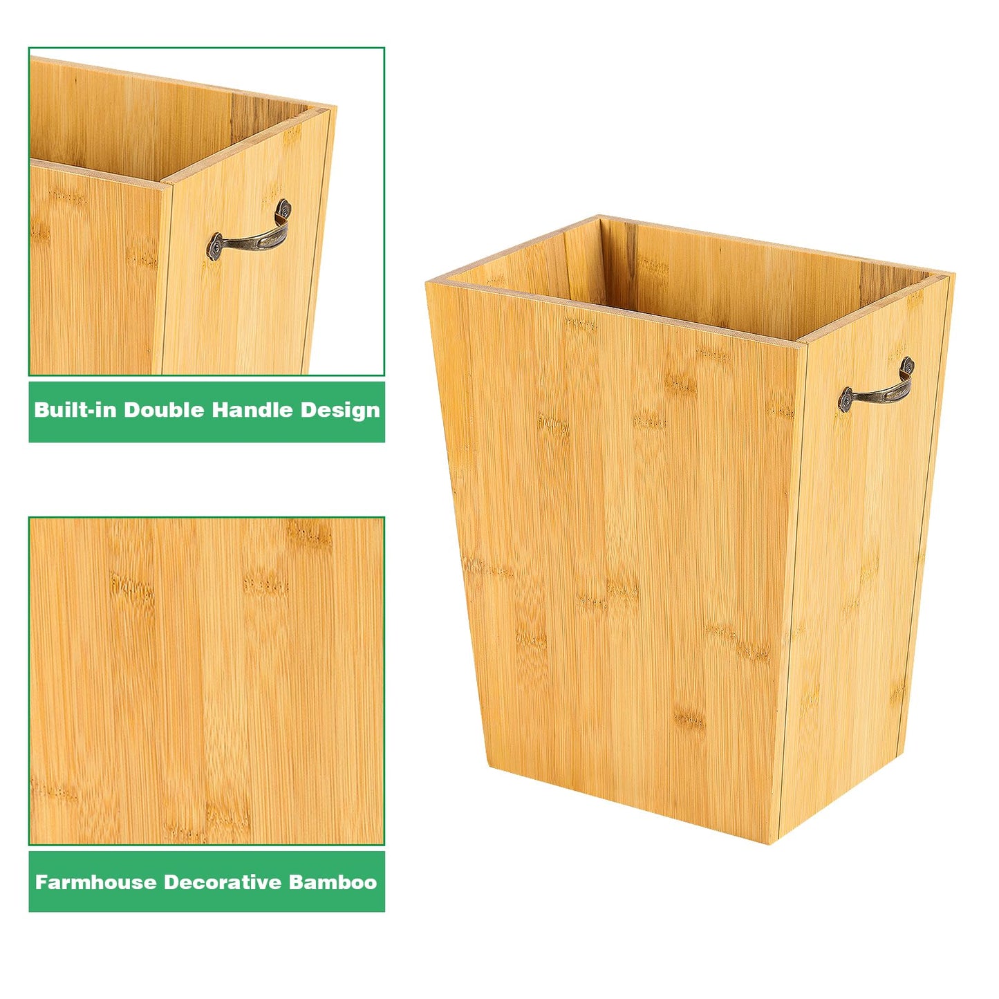 SEHERTIWY Wood Trash Can, Farmhouse Wastebasket Bin for Bathroom, Office, Bedroom, Living Room, Small Square Rustic Garbage Container with Metal Handle (Bamboo-Yellow-Handle)