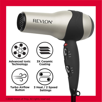 REVLON Turbo Hair Dryer with Advanced Ionic Technology, Ceramic Coating | Turbo Heat and Cold Shot Features, 1875 Watts for Fast Drying and Shine (Silver)