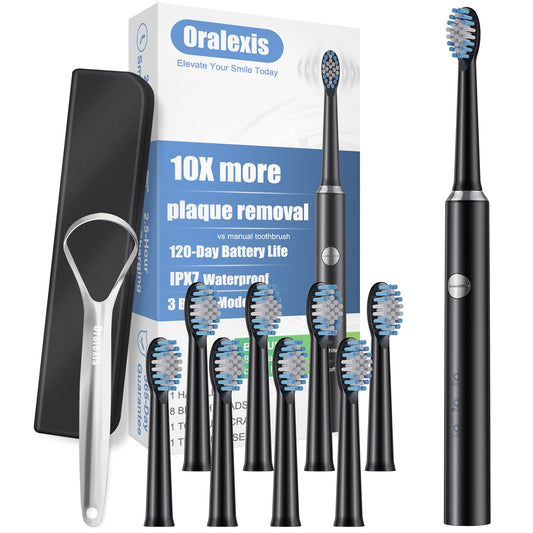 ORALEXIS Electric Toothbrush for Adults and Kids, with Tongue Scraper and 8 Brush Heads, One Fast Charge Last 120 Days, 40000 VPM Deep Clean, Sonic Travel Toothbrush