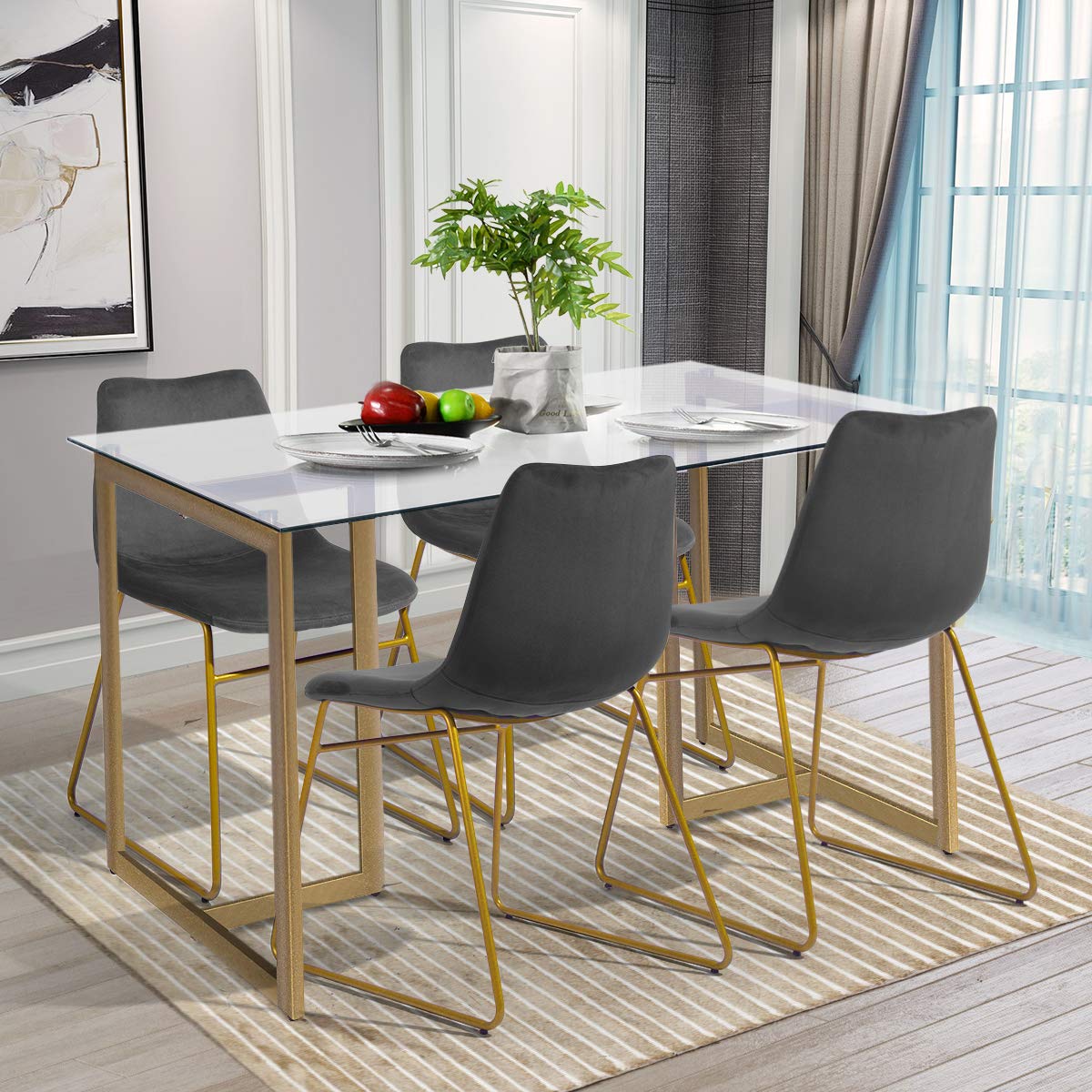 FurnitureR 47" Modern Rectangular Spacious Tempered Glass Tabletop & Gold Base Elegant Home Kitchen Room Dining Table, Gold