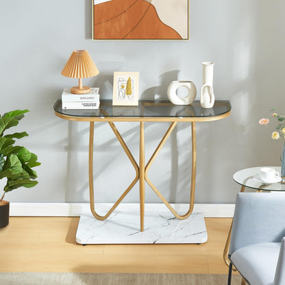 HOMISSUE Console Table, Modern Console Table with Tempered Glass Top and Metal Frame, Glass Entryway Table with Marbled MDF Base, Console Table for Entryway, Hallway, Living Room (Gold&Grey Glass)