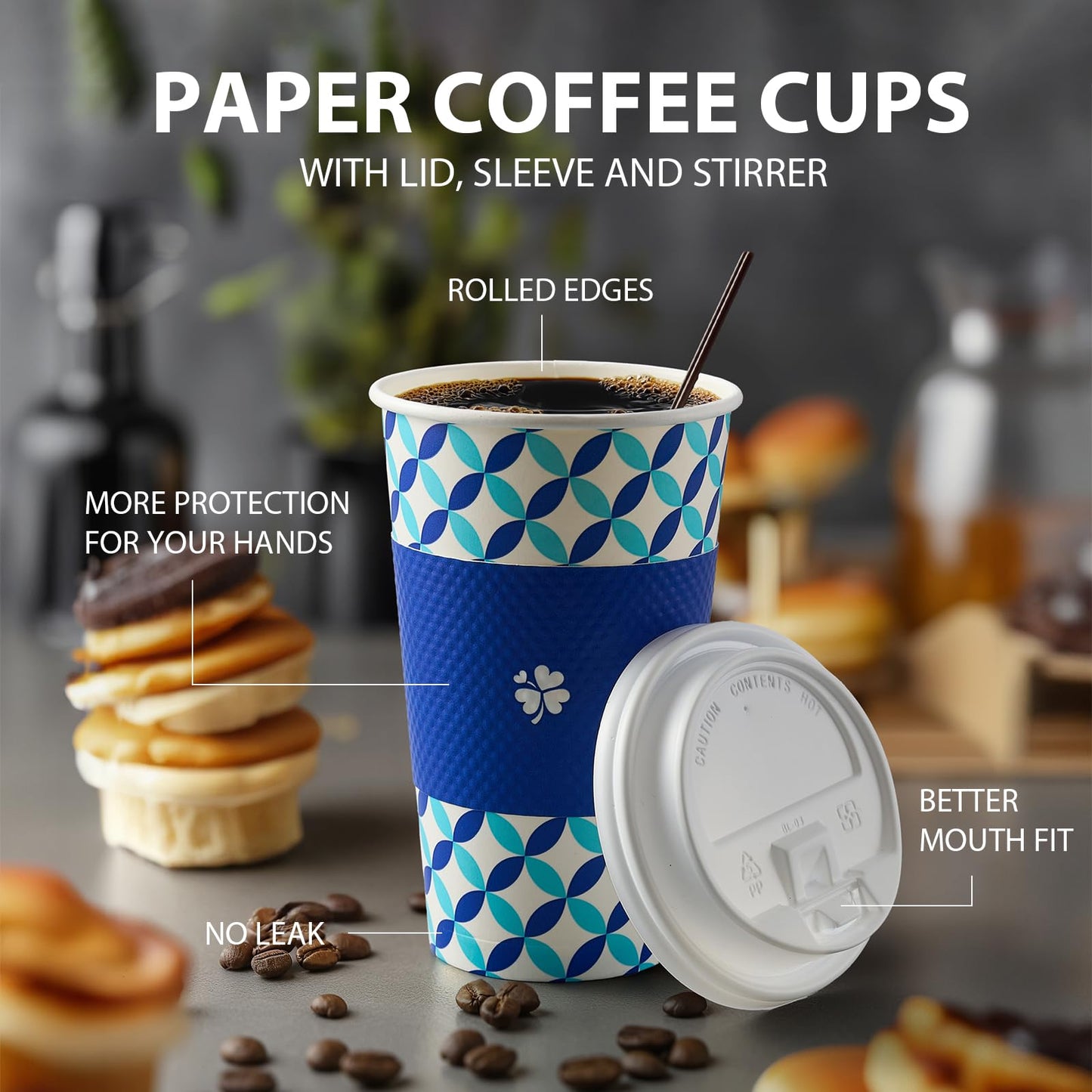 Tamone 100 PACK 16OZ Disposable Coffee Cups with Lids, Sleeves and Stirrers, To Go Coffee Cups with Lids Leak Proof, Blue Coffee Cups for Cold/Hot Beverage Chocolate Cocoa for Home Office