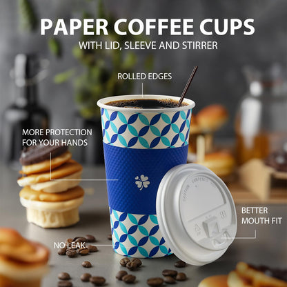 Tamone 100 PACK 16OZ Disposable Coffee Cups with Lids, Sleeves and Stirrers, To Go Coffee Cups with Lids Leak Proof, Blue Coffee Cups for Cold/Hot Beverage Chocolate Cocoa for Home Office