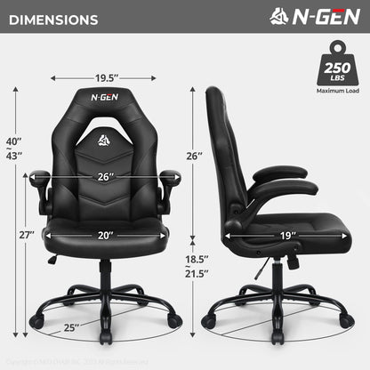 N-GEN Video Gaming Computer Chair Ergonomic Office Chair Desk Chair with Lumbar Support Flip Up Arms Adjustable Height Swivel PU Leather Executive with Wheels for Adults Women Men (Black)