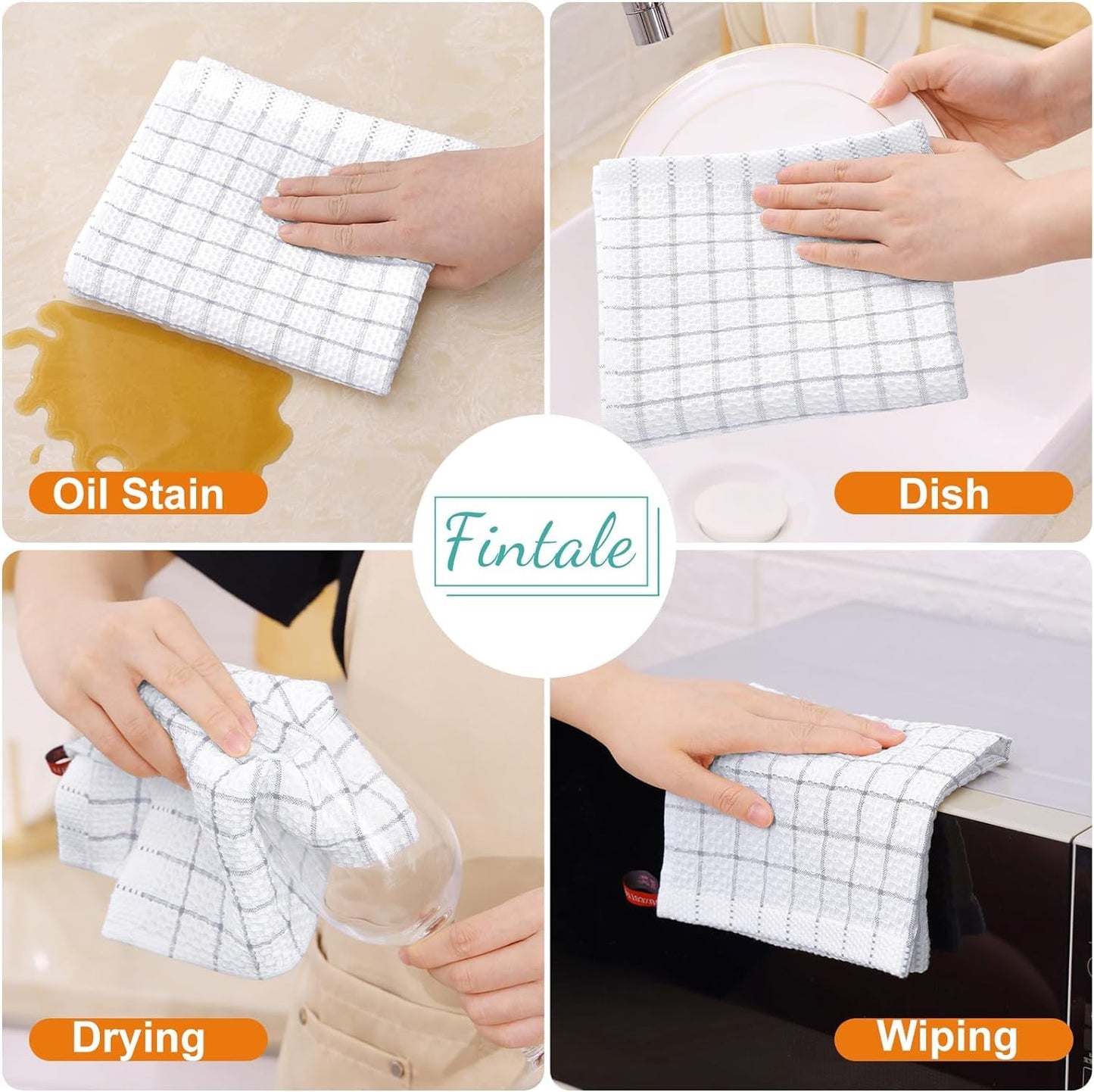Fintale 100% Cotton Dish Cloths - Soft, Super Absorbent and Lint Free Dish Towels for Kitchen - Good for Drying and Washing Dishes - 8 Pack (Lattice Designed, Light Grey) - 12 x 12 Inches