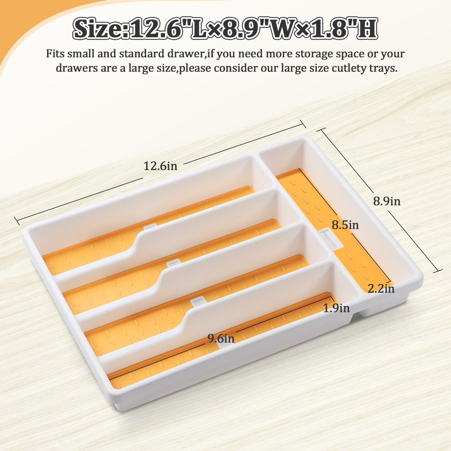 CherHome Silverware Organizer with Cutlery Icons，Silverware Tray for Kitchen Drawer，Plastic Flatware Tableware Silverware Drawer Organizer Utensil Organizer with Non-slip TPR Linings，5-Compartment