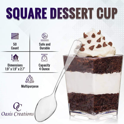 Oasis Creations Square Dessert Cup - 4 Ounce - Durable Crystal Clear Plastic - 50 Count - Ideal for Desserts, Appetizers, Entrees, Puddings, Mousse and More!
