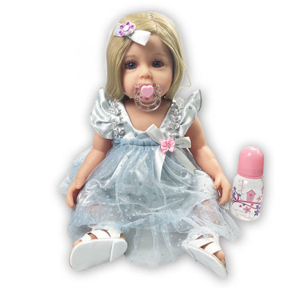 PLAYSKY Reborn Baby Dolls Girl, 22" Beautiful Lifelike Doll Full Body Vinyl Silicone with Long Hair for Kids, Realistic Newborn Baby Doll with Feeding Toy for Birthday Christmas