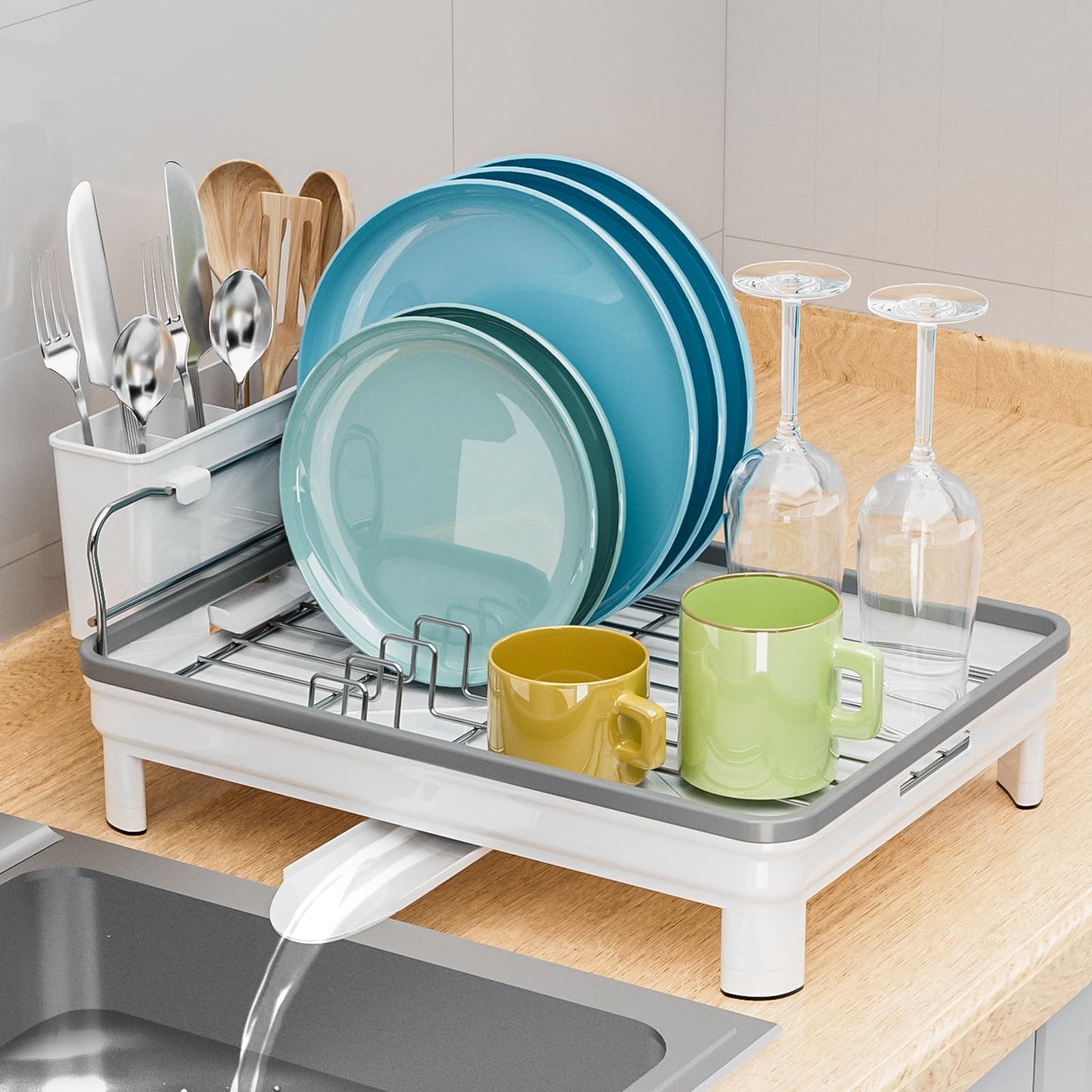 Ewaiira Dish Drying Rack, Dish Racks for Kitchen Counter, Anti-Rust Dish Dryer Rack with 360° Swivel Spout Drainboard Set, Utensil Holder and Cup Holder for Kitchen Countertop (White)