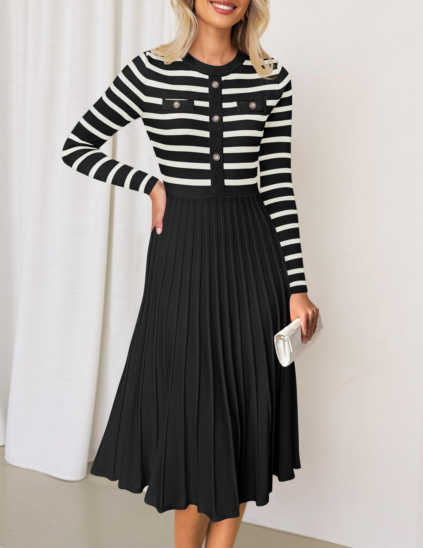 ZESICA Womens Long Sleeve Striped Midi Dresses Crewneck Button Ribbed Knit Pleated A Line Swing Sweater Dress,Black,Medium