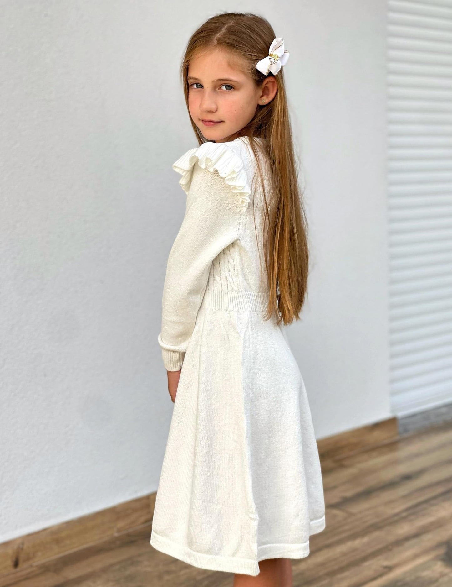 Arshiner Girls White Dress Sweater Winter Flutter Long Sleeve Pullover Formal Outfits Size 10-12