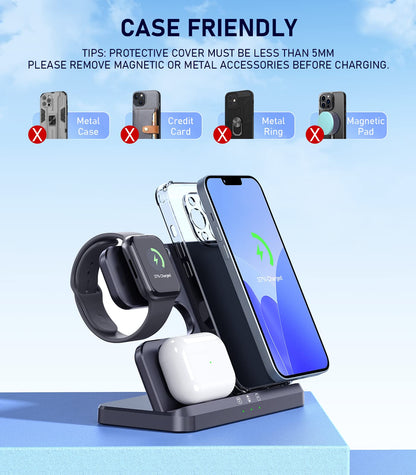 3 IN1 Wireless Charging Station Apple,20W Fast Wireless Charger Stand, iPhone Wireless Charger Station Dock for iPhone14-11/Pro/Max/Mini/X/XR/8/Plus,Airpods Pro/3/2,Apple Watch Series (18W Adapter)