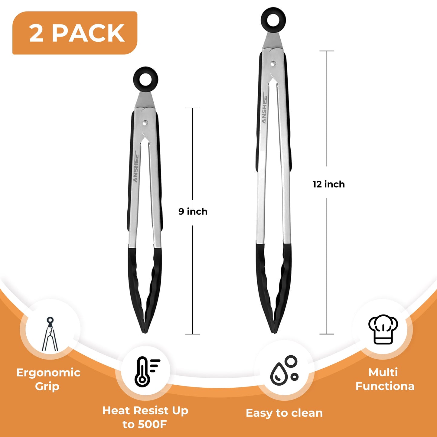 2 Pack Stainless Steel Silicone Food Tongs Set