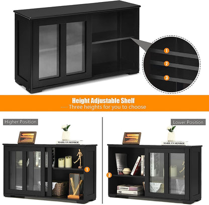 Byroce Sideboard Buffet Cabinet, Stackable Storage Coffee Bar Cabinet with Adjustable Shelf & Glass Sliding Doors, Wood Cupboard Credenza Console Table for Kitchen Dining Living Room (1, Black)