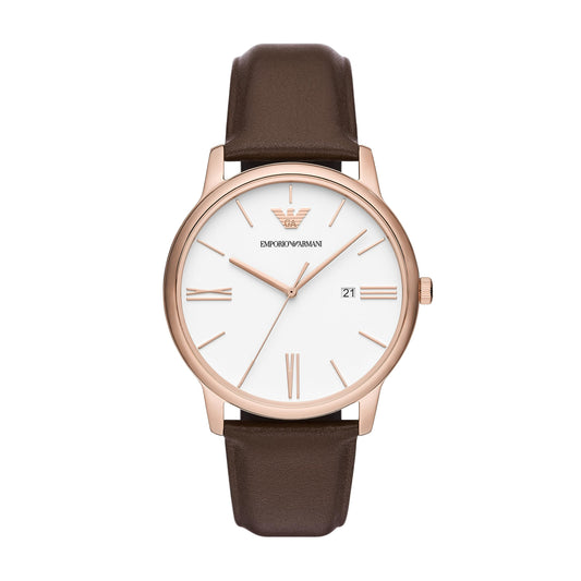 Emporio Armani Men's Three-Hand Date Brown Leather Band Watch (Model: AR11572)