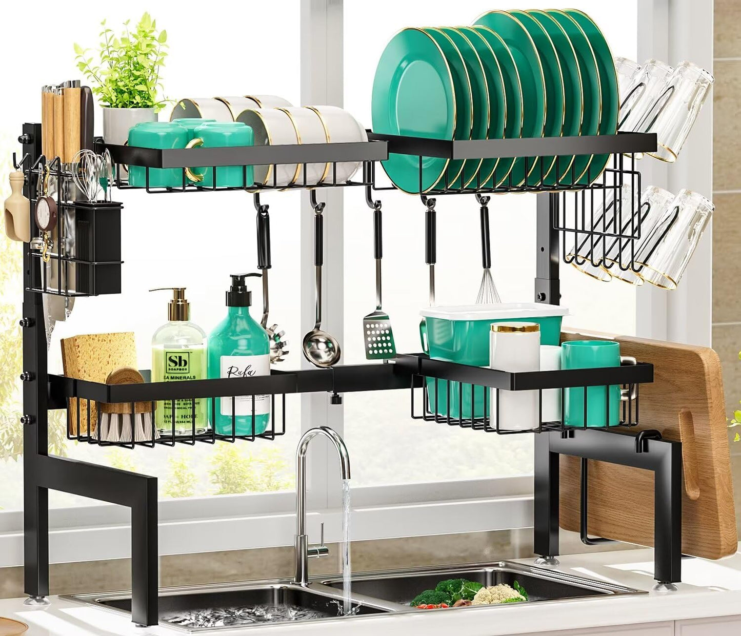 MOUKABAL Over The Sink Dish Drying Rack -Adjustable Over Sink Dish Rack- Length(25.9"-33.4")-Space-Saving -Multifunctional Over The Sink Dish Drainer Drying Rack for Kitchen Counter-Metal,Black