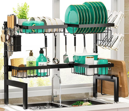 MOUKABAL Over The Sink Dish Drying Rack -Adjustable Over Sink Dish Rack- Length(25.9"-33.4")-Space-Saving -Multifunctional Over The Sink Dish Drainer Drying Rack for Kitchen Counter-Metal,Black
