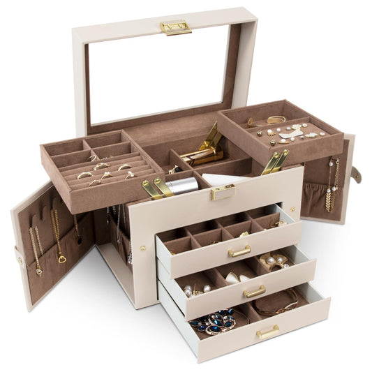 KAMIER Jewelry Organizer Box,5-Layer Jewelry Box for Women with Glass Lid,Jewelry Storage Box for Earrings Bracelets Rings Necklaces.Beige