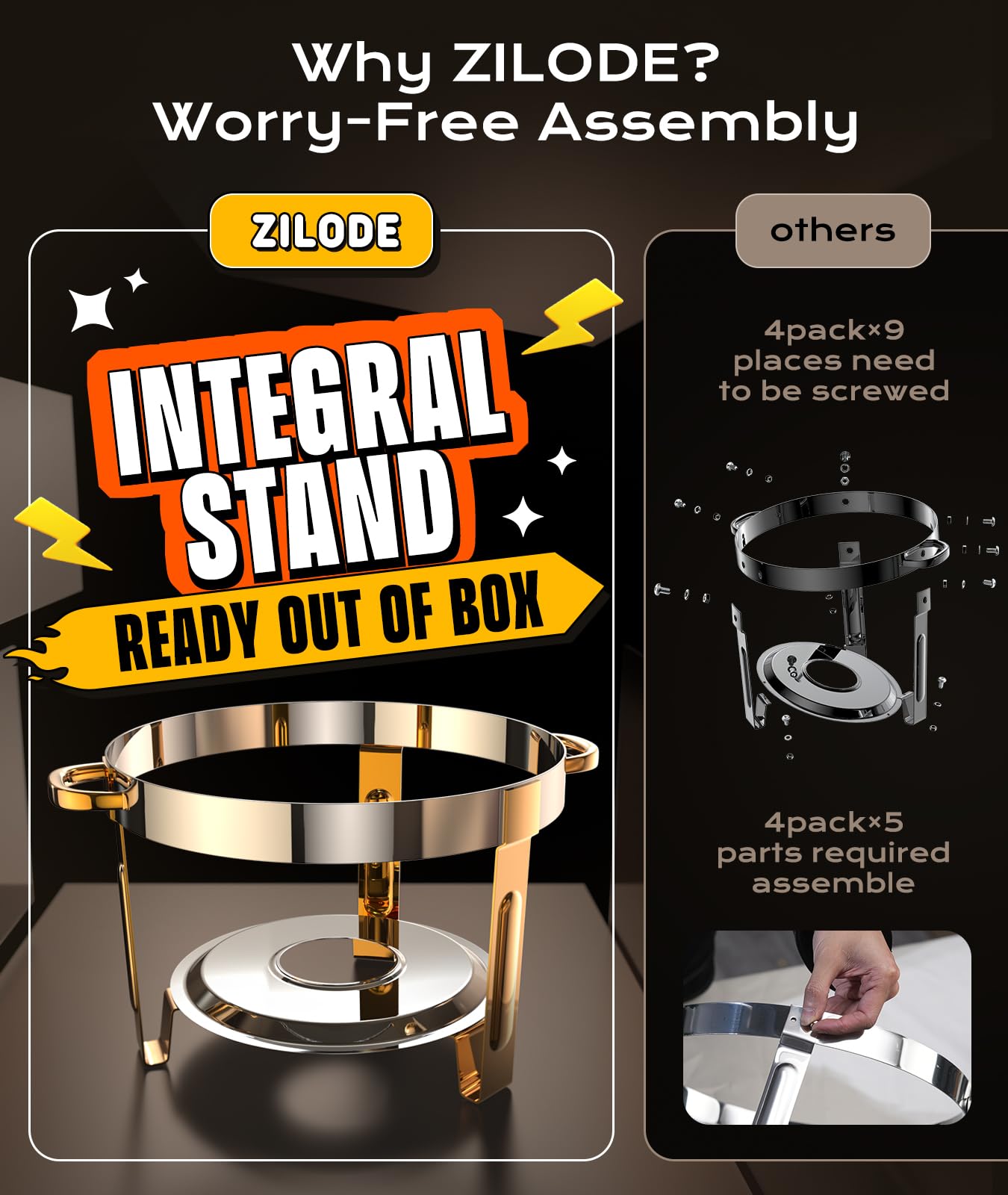 Chafing Dishes for Buffet 4 Pack, 5QT [Worry-Free Assemble] Round Chafing Dish Buffet Set [Elegant Gold and Silver Colors] Stainless Steel Chafers and Buffet Warmers Sets for Parties with Complete Set